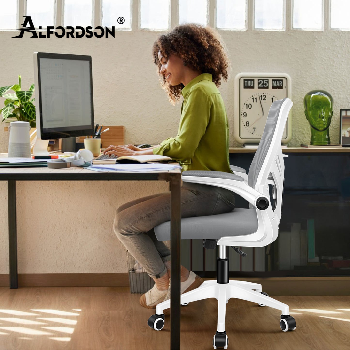 ALFORDSON Mesh Bürostuhl Executive Computer Liege Stoff Racing Sitz Arbeit, Keldon, Weiß & Grau