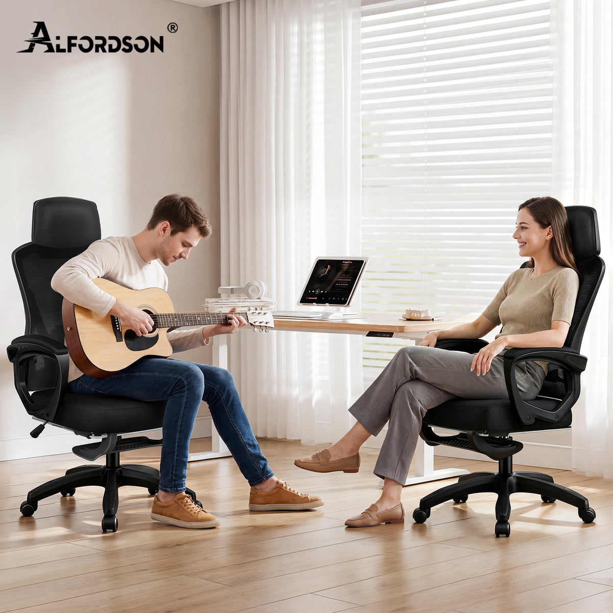 ALFORDSON Mesh Bürostuhl Executive Computer Liege Stoff Racing Sitz Arbeit, Nova, Schwarz