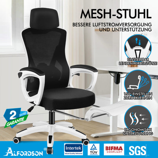 ALFORDSON Mesh Bürostuhl Executive Computer Liege Stoff Racing Sitz Arbeit, Nova, Schwarz & Weiß
