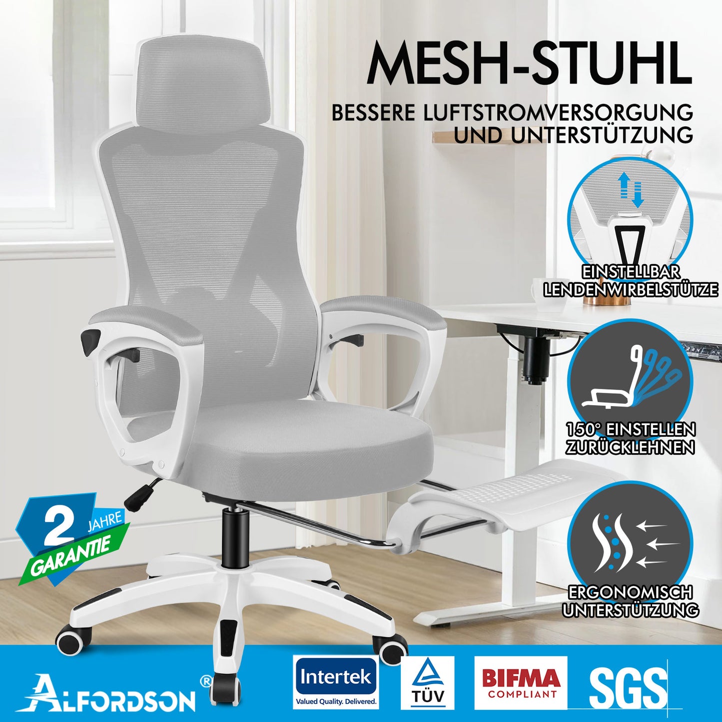 ALFORDSON Mesh Bürostuhl Executive Computer Liege Stoff Racing Sitz Arbeit, Nova, Weiß & Grau