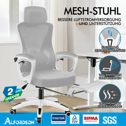 ALFORDSON Mesh Bürostuhl Executive Computer Liege Stoff Racing Sitz Arbeit, Nova, Weiß & Grau