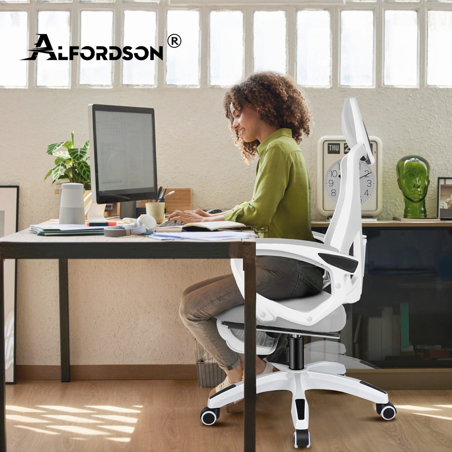 ALFORDSON Mesh Bürostuhl Executive Computer Liege Stoff Racing Sitz Arbeit, Nova, Weiß & Grau
