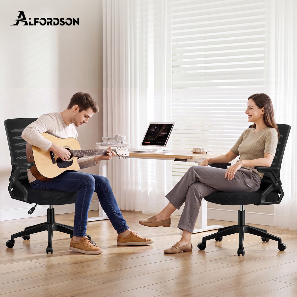 ALFORDSON Mesh Bürostuhl Executive Computer Liege Stoff Racing Sitz Arbeit, Wale, Schwarz