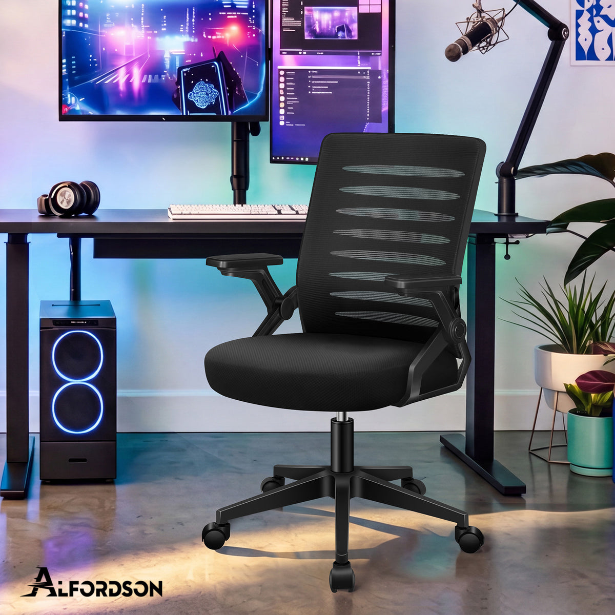 ALFORDSON Mesh Bürostuhl Executive Computer Liege Stoff Racing Sitz Arbeit, Wale, Schwarz
