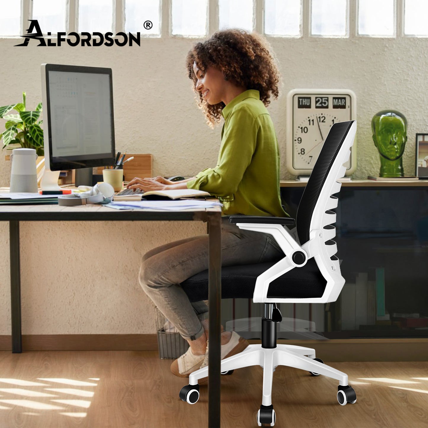 ALFORDSON Mesh Bürostuhl Executive Computer Liege Stoff Racing Sitz Arbeit, Wale, Schwarz & Weiß