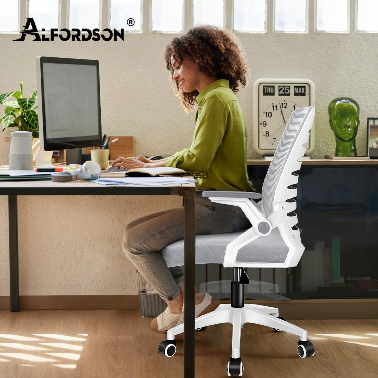 ALFORDSON Mesh Bürostuhl Executive Computer Liege Stoff Racing Sitz Arbeit, Wale, Weiß & Grau