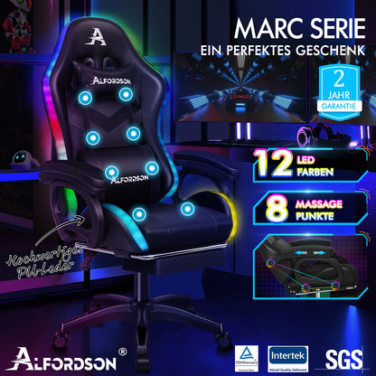 ALFORDSON Gaming Stuhl mit 8-Punkt Massage 12 Farben RGB LED-Licht Schwarz