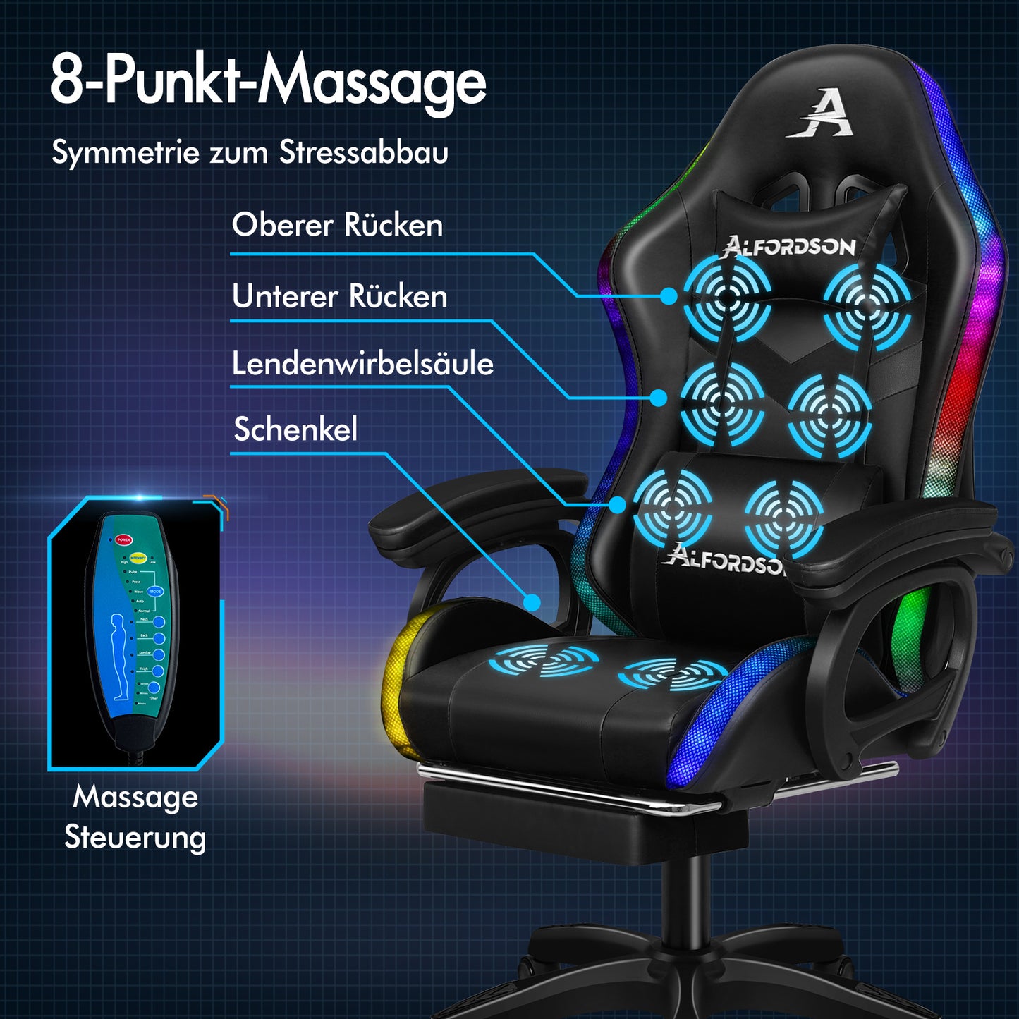ALFORDSON Gaming Stuhl mit 8-Punkt Massage 12 Farben RGB LED-Licht Schwarz