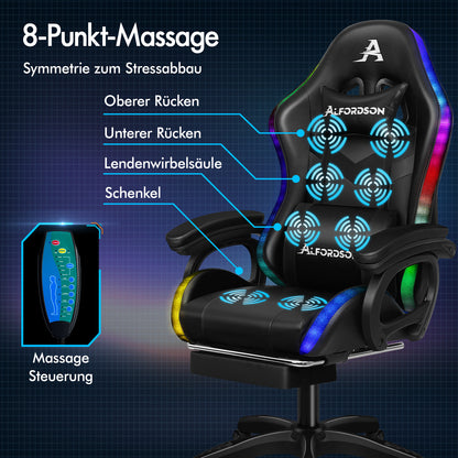 ALFORDSON Gaming Stuhl mit 8-Punkt Massage 12 Farben RGB LED-Licht Schwarz