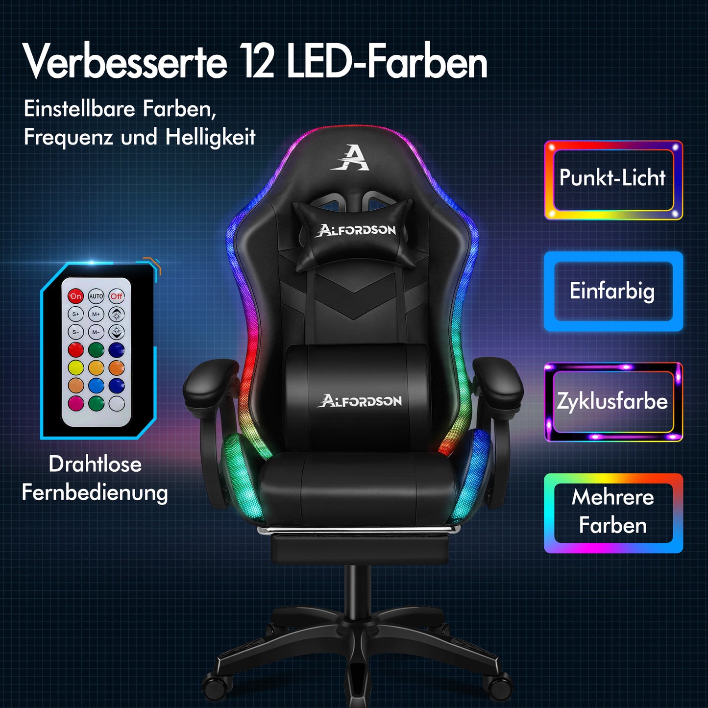 ALFORDSON Gaming Stuhl mit 8-Punkt Massage 12 Farben RGB LED-Licht Schwarz