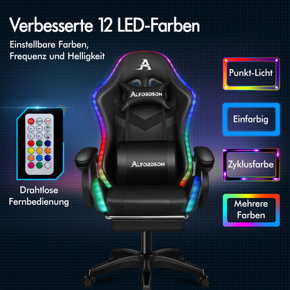 ALFORDSON Gaming Stuhl mit 8-Punkt Massage 12 Farben RGB LED-Licht Schwarz