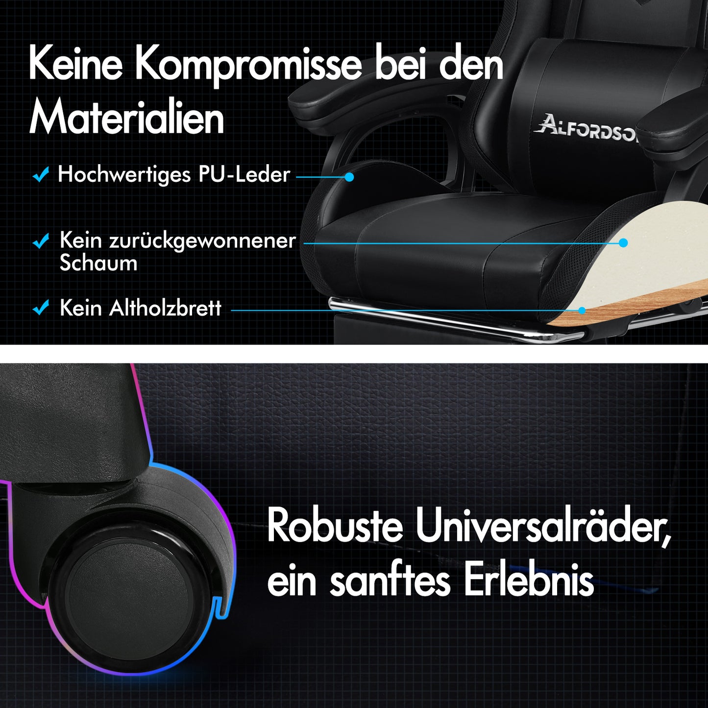 ALFORDSON Gaming Stuhl mit 8-Punkt Massage 12 Farben RGB LED-Licht Schwarz