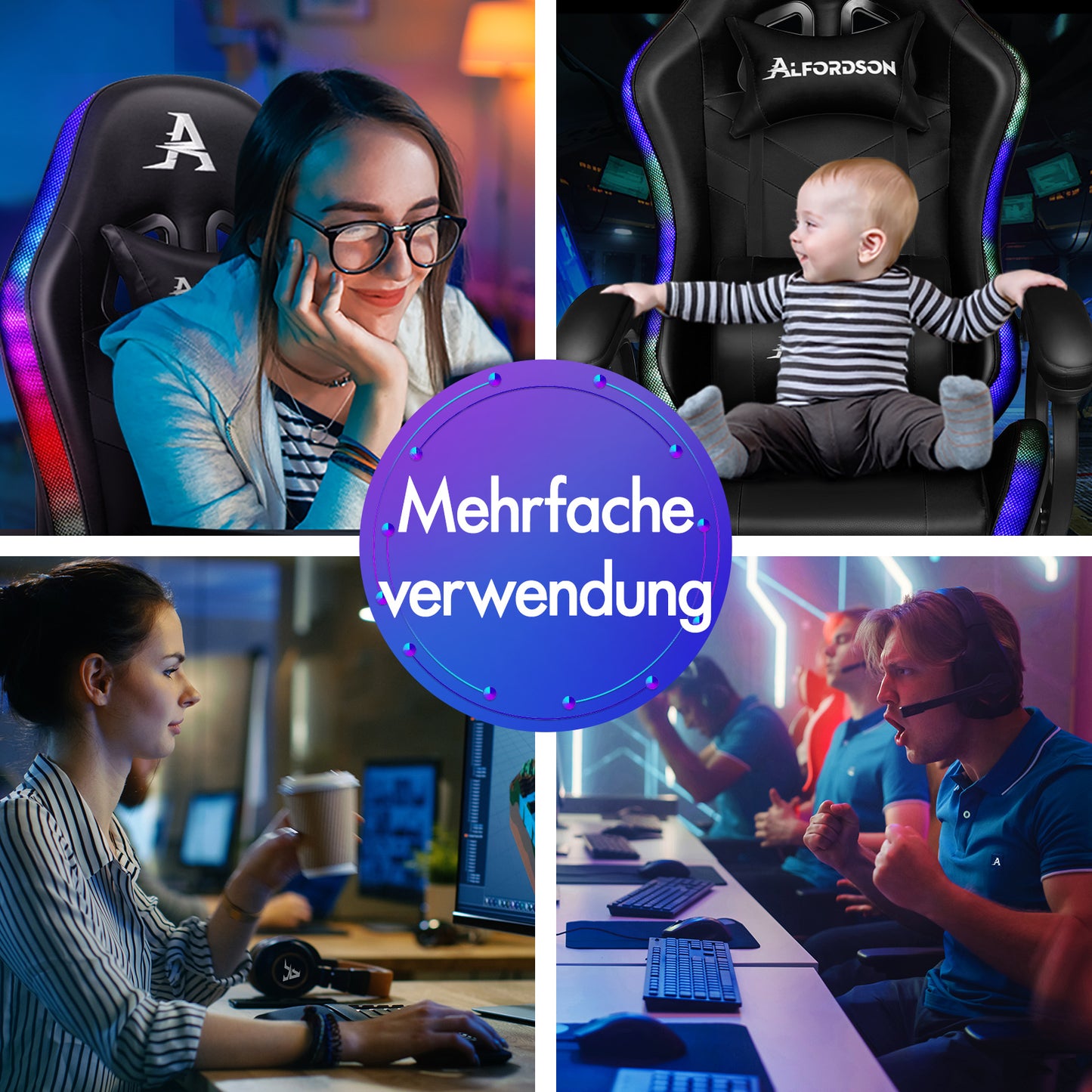 ALFORDSON Gaming Stuhl mit 8-Punkt Massage 12 Farben RGB LED-Licht Schwarz
