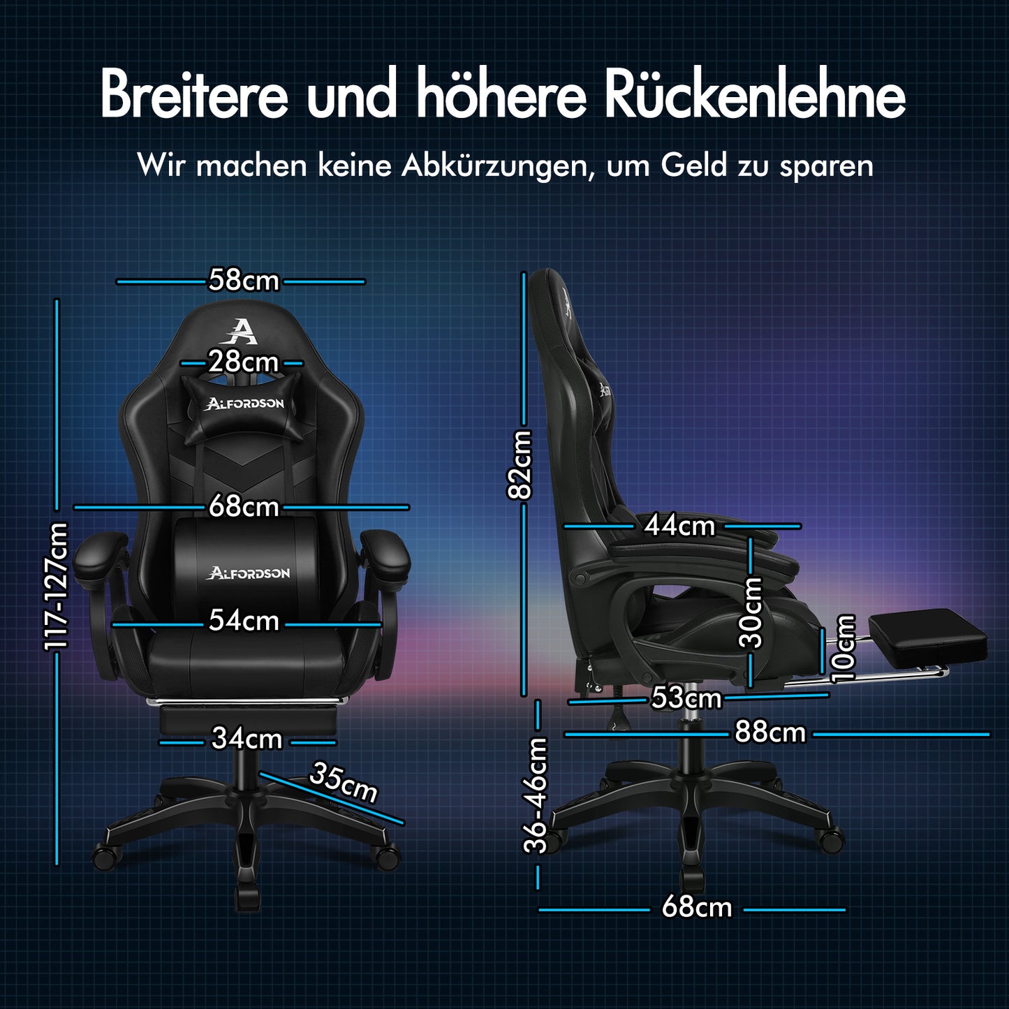 ALFORDSON Gaming Stuhl mit 8-Punkt Massage 12 Farben RGB LED-Licht Schwarz