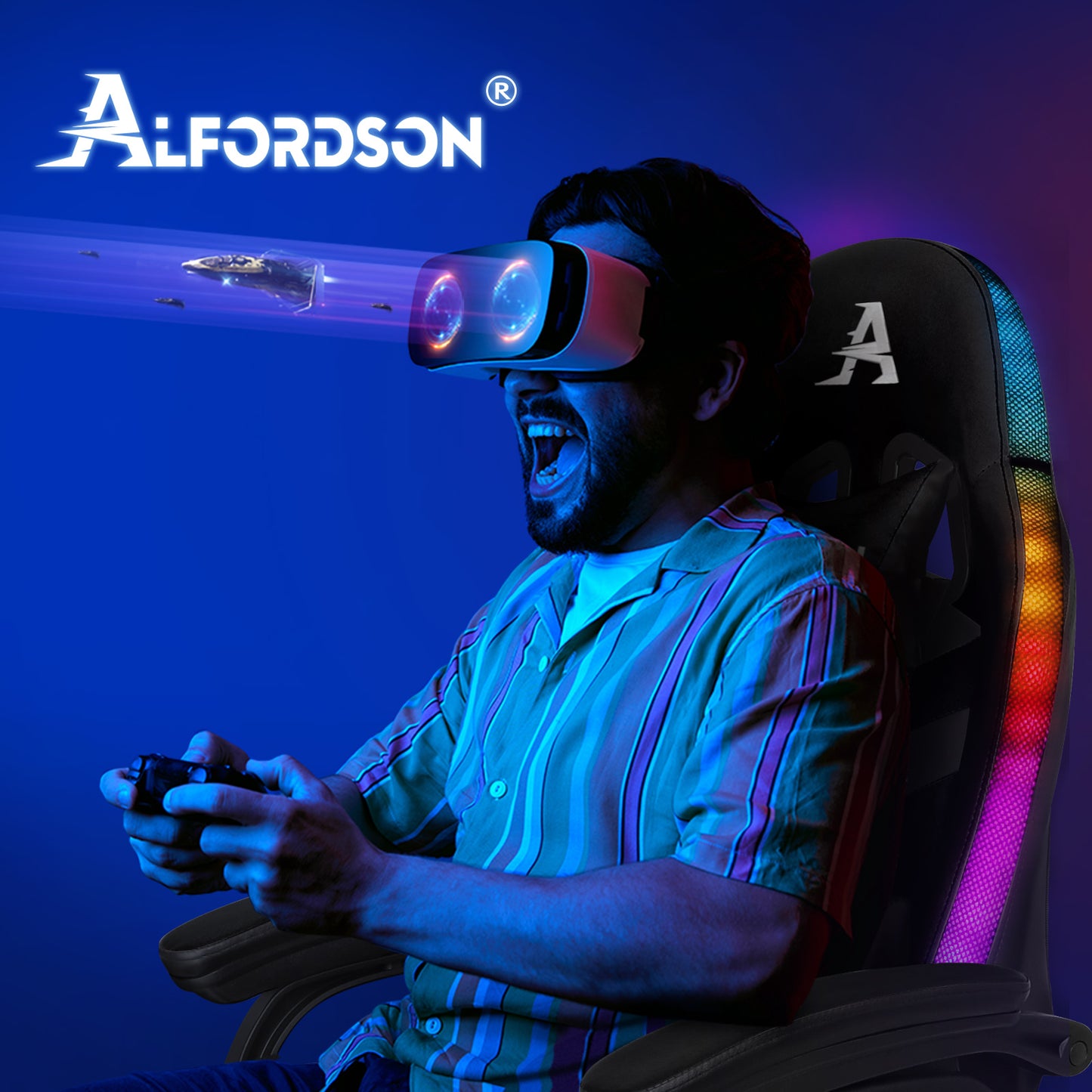 ALFORDSON Gaming Stuhl mit 8-Punkt Massage 12 Farben RGB LED-Licht Schwarz