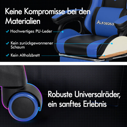 ALFORDSON Gaming Stuhl mit 8-Punkt Massage 12 Farben RGB LED-Licht Blau & Schwarz