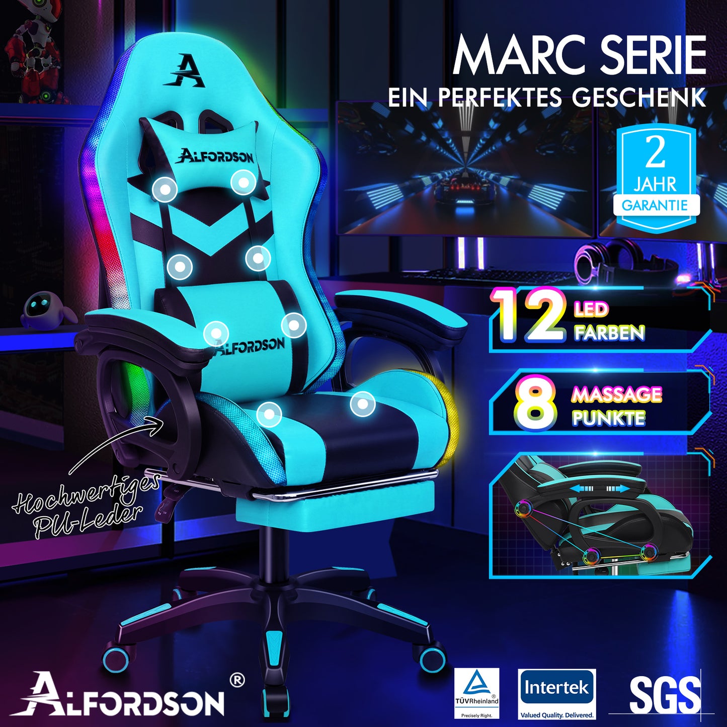 ALFORDSON Gaming Stuhl mit 8-Punkt Massage 12 Farben RGB LED-Licht Cyan Schwarz