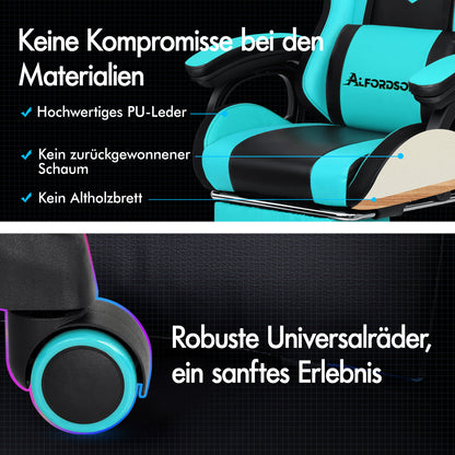 ALFORDSON Gaming Stuhl mit 8-Punkt Massage 12 Farben RGB LED-Licht Cyan Schwarz