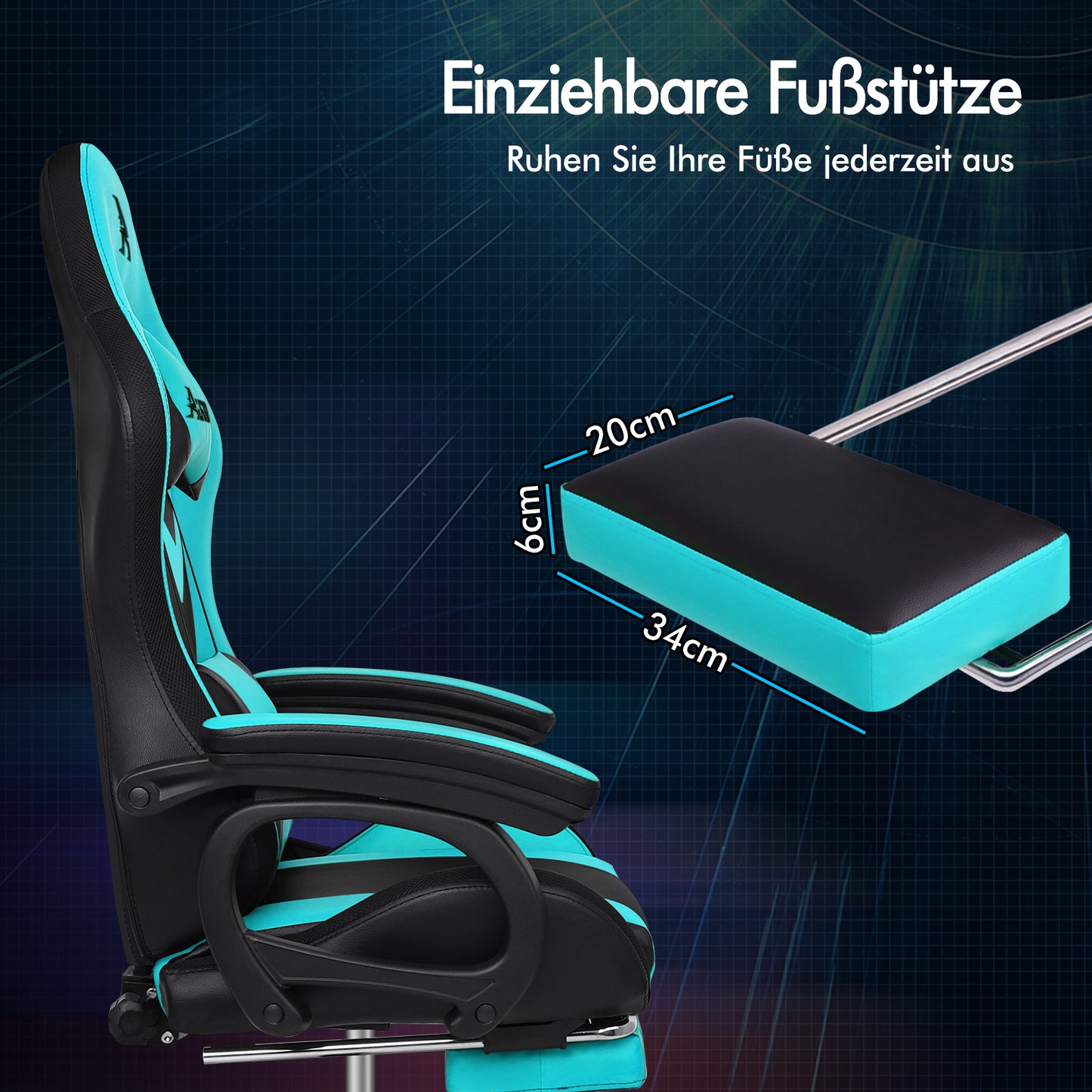 ALFORDSON Gaming Stuhl mit 8-Punkt Massage 12 Farben RGB LED-Licht Cyan Schwarz
