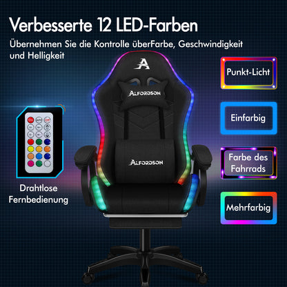 ALFORDSON Gaming Stuhl Büro 12 RGB LED Massage Computersitz Stoff Schwarz