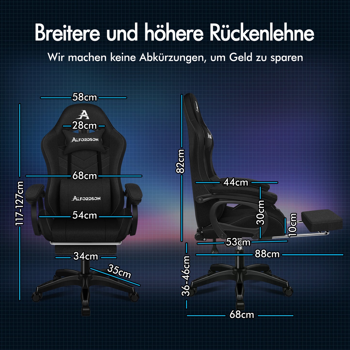 ALFORDSON Gaming Stuhl Büro 12 RGB LED Massage Computersitz Stoff Schwarz