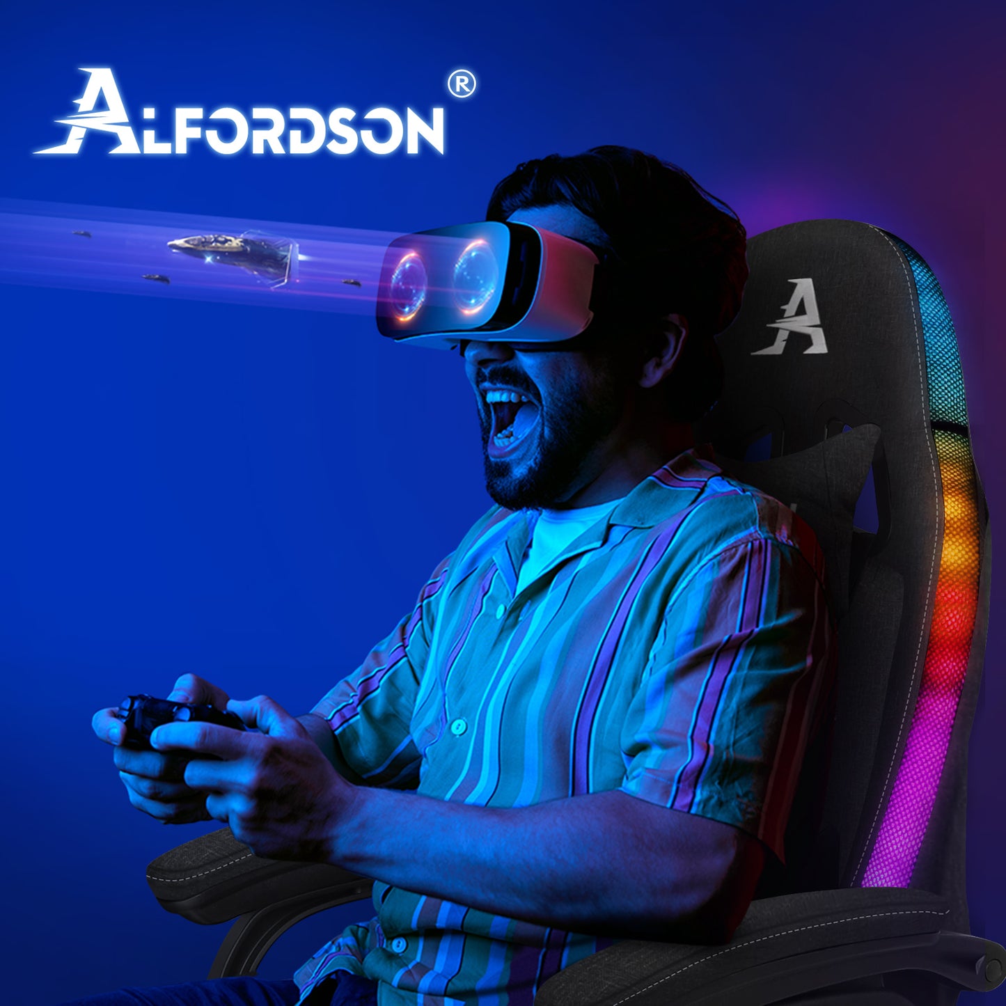 ALFORDSON Gaming Stuhl Büro 12 RGB LED Massage Computersitz Stoff Schwarz