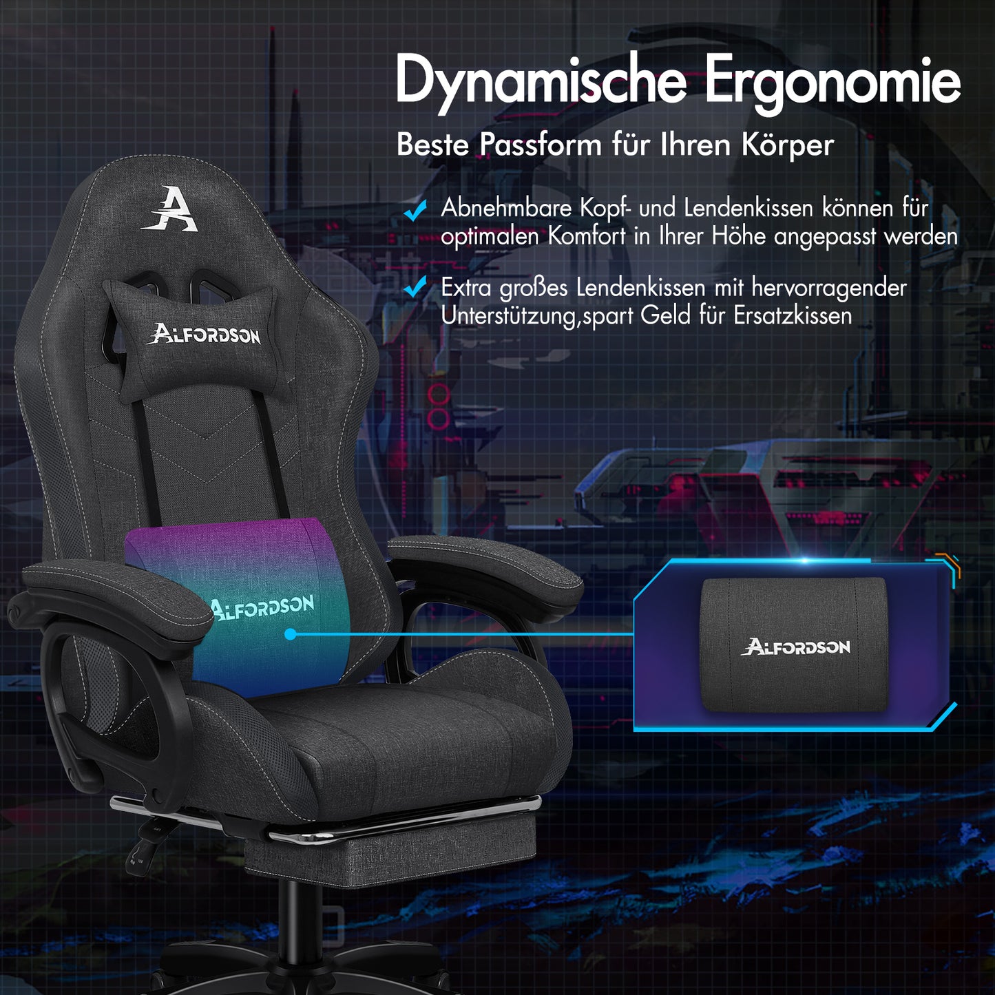 ALFORDSON Gaming Stuhl Büro 12 RGB LED Massage Computersitz Stoff Grau