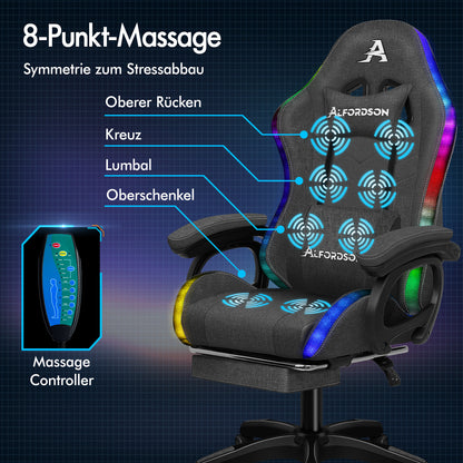 ALFORDSON Gaming Stuhl Büro 12 RGB LED Massage Computersitz Stoff Grau