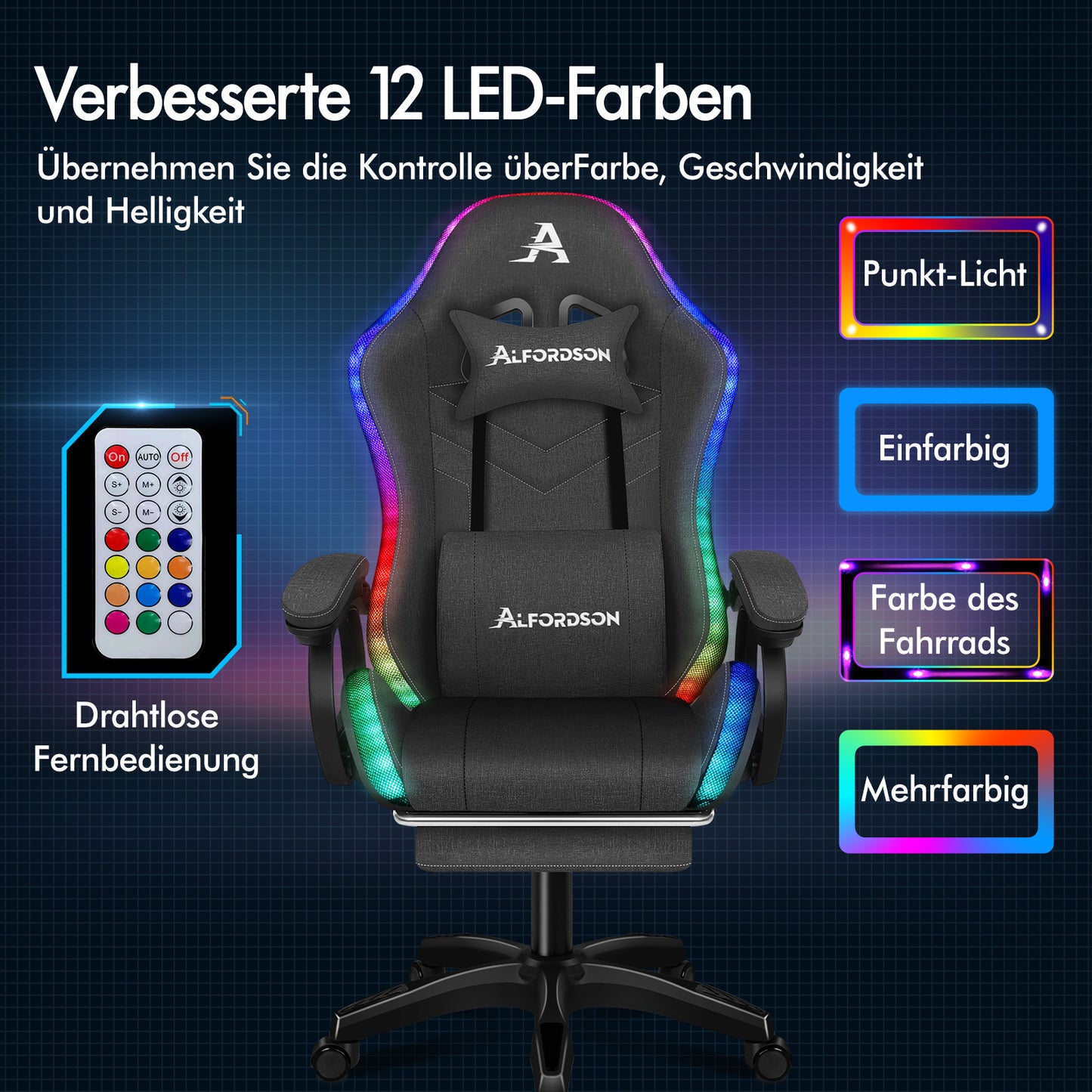 ALFORDSON Gaming Stuhl Büro 12 RGB LED Massage Computersitz Stoff Grau