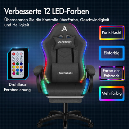 ALFORDSON Gaming Stuhl Büro 12 RGB LED Massage Computersitz Stoff Grau
