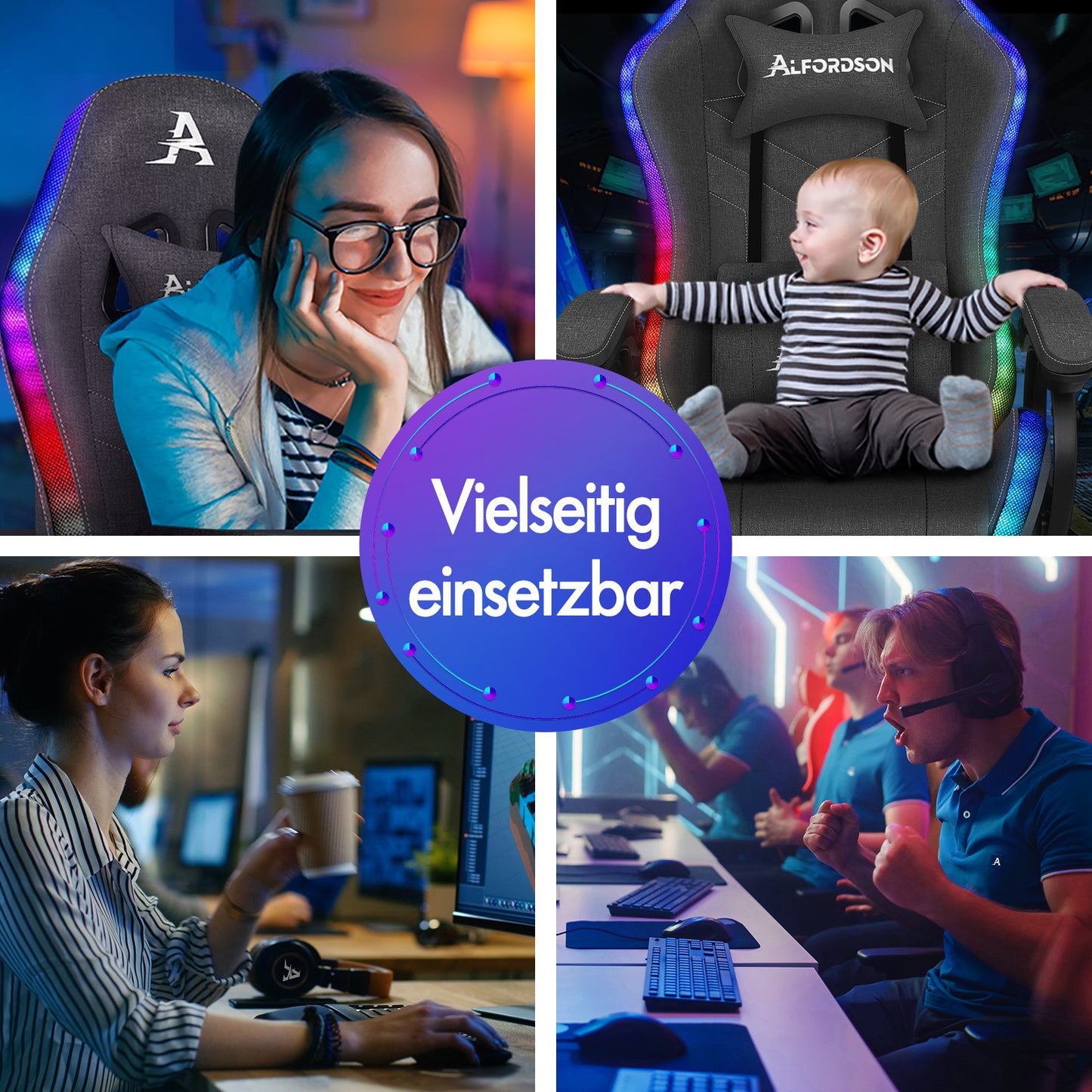 ALFORDSON Gaming Stuhl Büro 12 RGB LED Massage Computersitz Stoff Grau