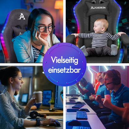 ALFORDSON Gaming Stuhl Büro 12 RGB LED Massage Computersitz Stoff Grau