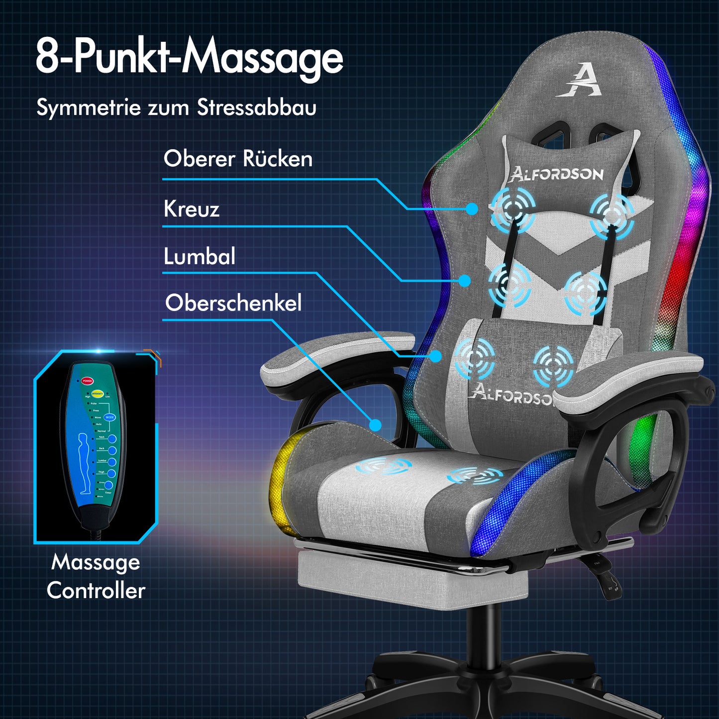 ALFORDSON Gaming Stuhl Büro 12 RGB LED Massage Computer Stoff Sitz Grau