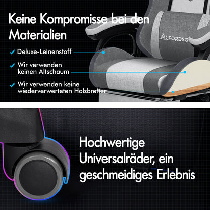 ALFORDSON Gaming Stuhl Büro 12 RGB LED Massage Computer Stoff Sitz Grau