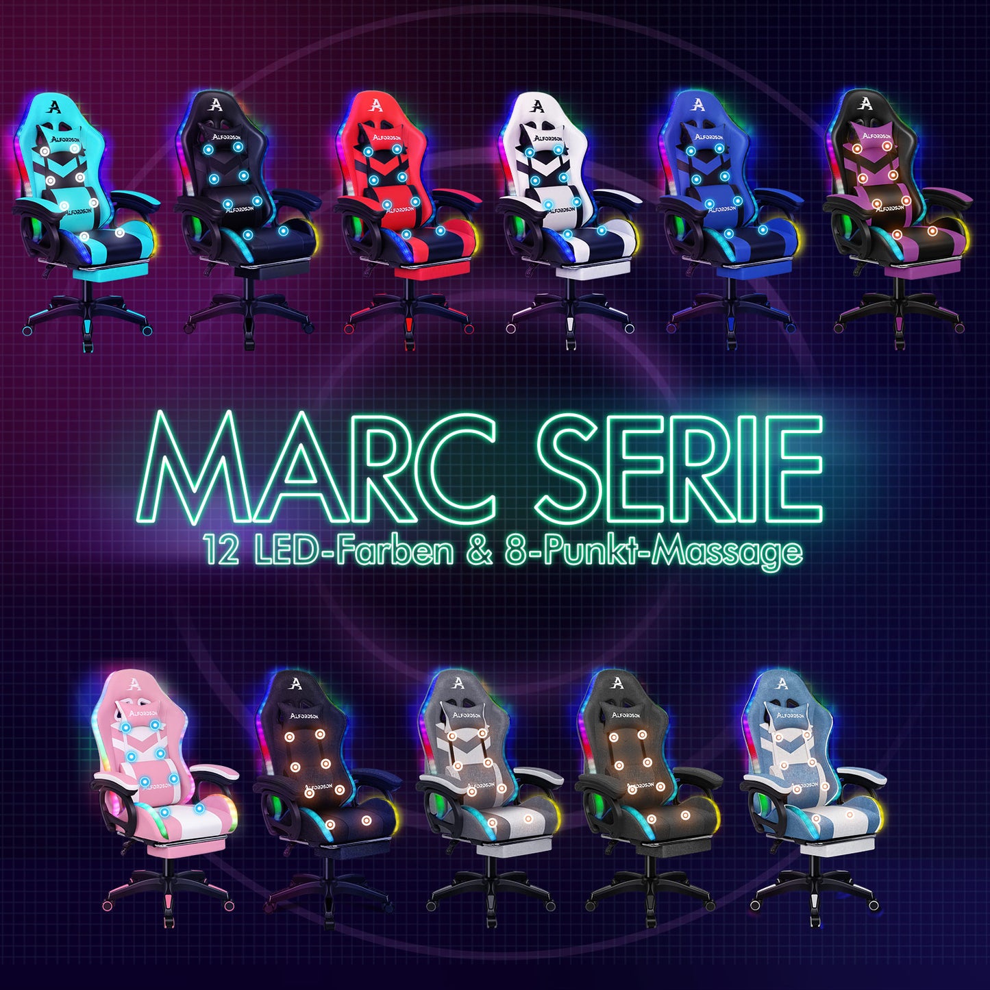 ALFORDSON Gaming Stuhl mit 8-Punkt Massage 12 Farben RGB LED-Licht Leder/Stoff