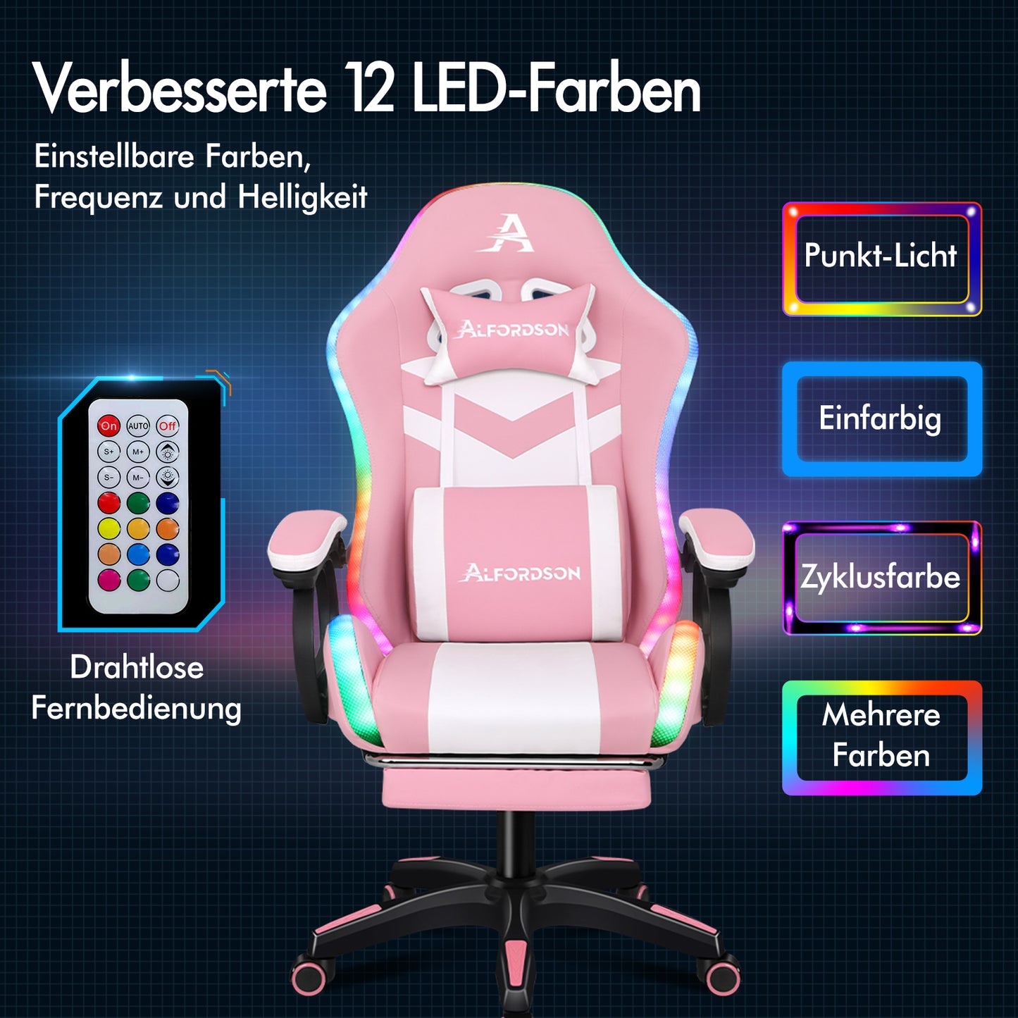 ALFORDSON Gaming Stuhl mit 8-Punkt Massage 12 Farben RGB LED-Licht Rosa & Weiß