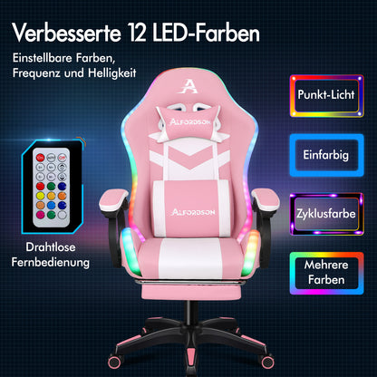 ALFORDSON Gaming Stuhl mit 8-Punkt Massage 12 Farben RGB LED-Licht Rosa & Weiß