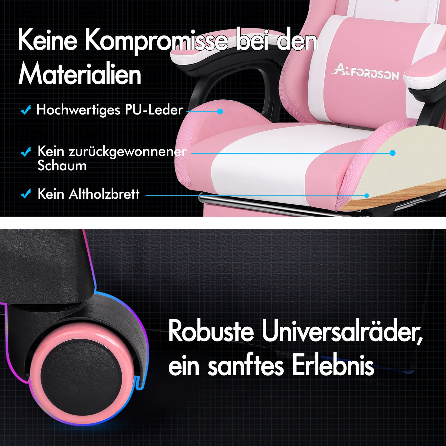 ALFORDSON Gaming Stuhl mit 8-Punkt Massage 12 Farben RGB LED-Licht Rosa & Weiß