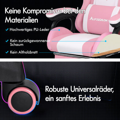 ALFORDSON Gaming Stuhl mit 8-Punkt Massage 12 Farben RGB LED-Licht Rosa & Weiß