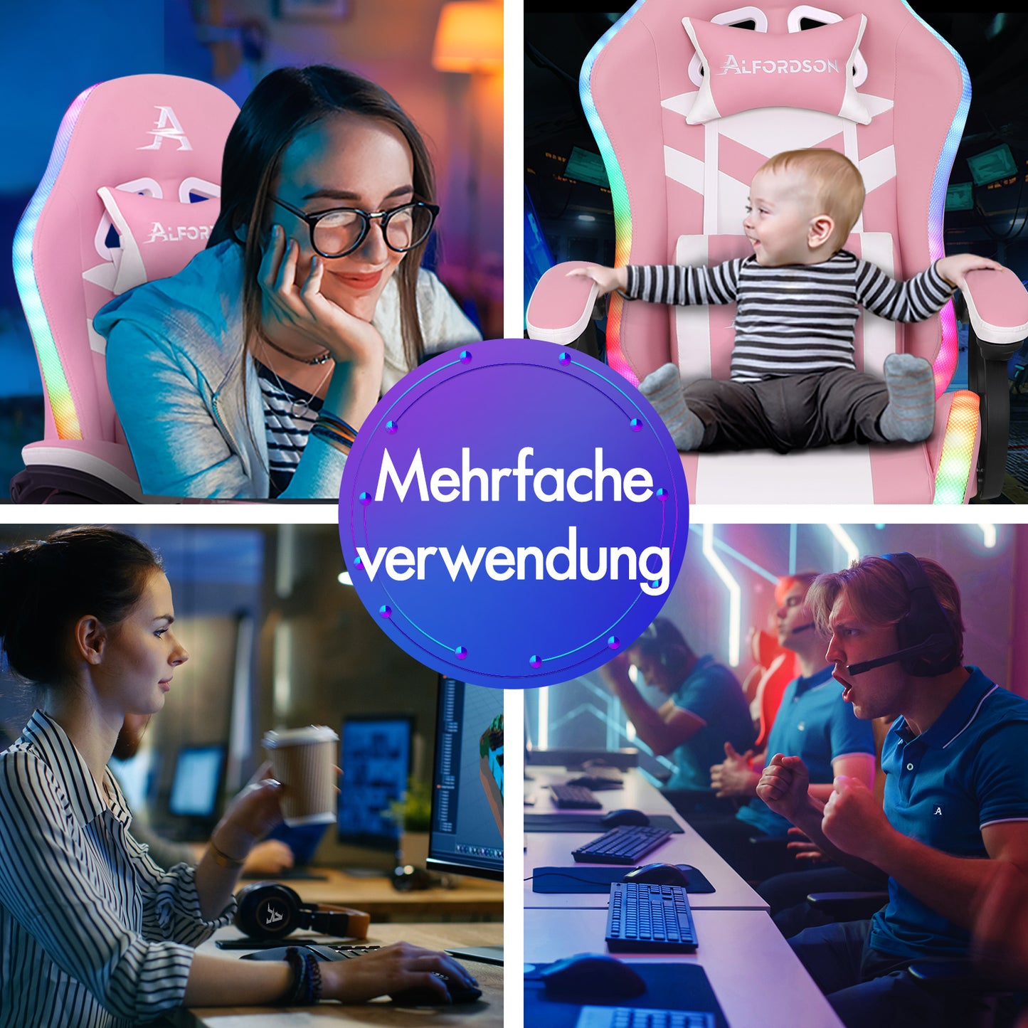 ALFORDSON Gaming Stuhl mit 8-Punkt Massage 12 Farben RGB LED-Licht Rosa & Weiß