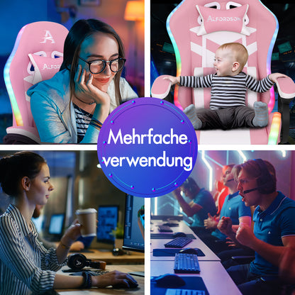 ALFORDSON Gaming Stuhl mit 8-Punkt Massage 12 Farben RGB LED-Licht Rosa & Weiß