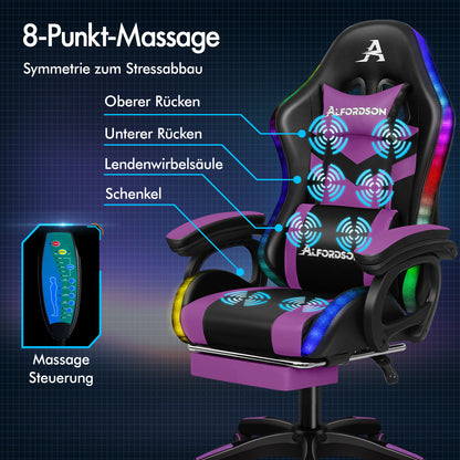 ALFORDSON Gaming Stuhl mit 8-Punkt Massage 12 Farben RGB LED-Licht Schwarz