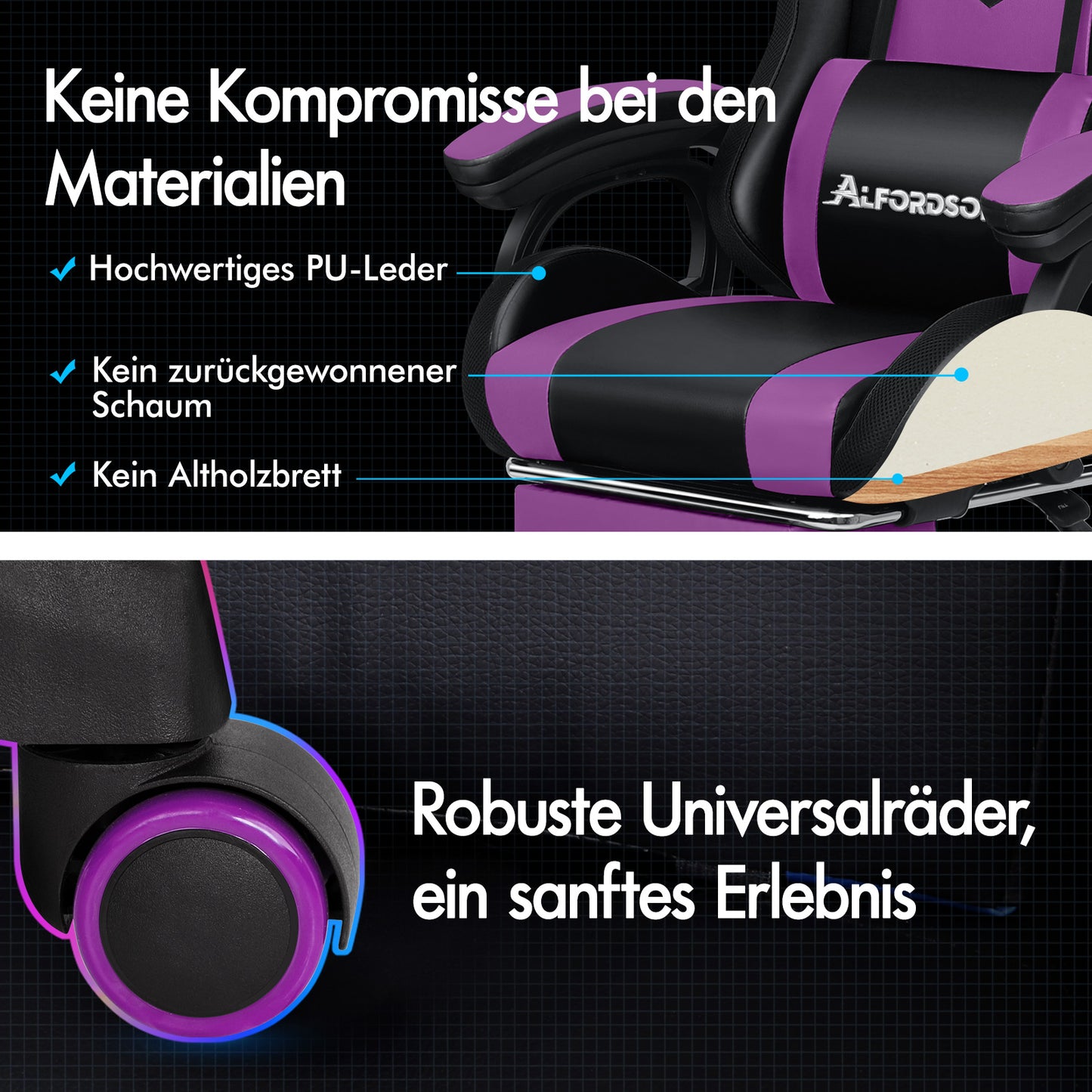 ALFORDSON Gaming Stuhl mit 8-Punkt Massage 12 Farben RGB LED-Licht Schwarz