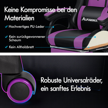 ALFORDSON Gaming Stuhl mit 8-Punkt Massage 12 Farben RGB LED-Licht Schwarz