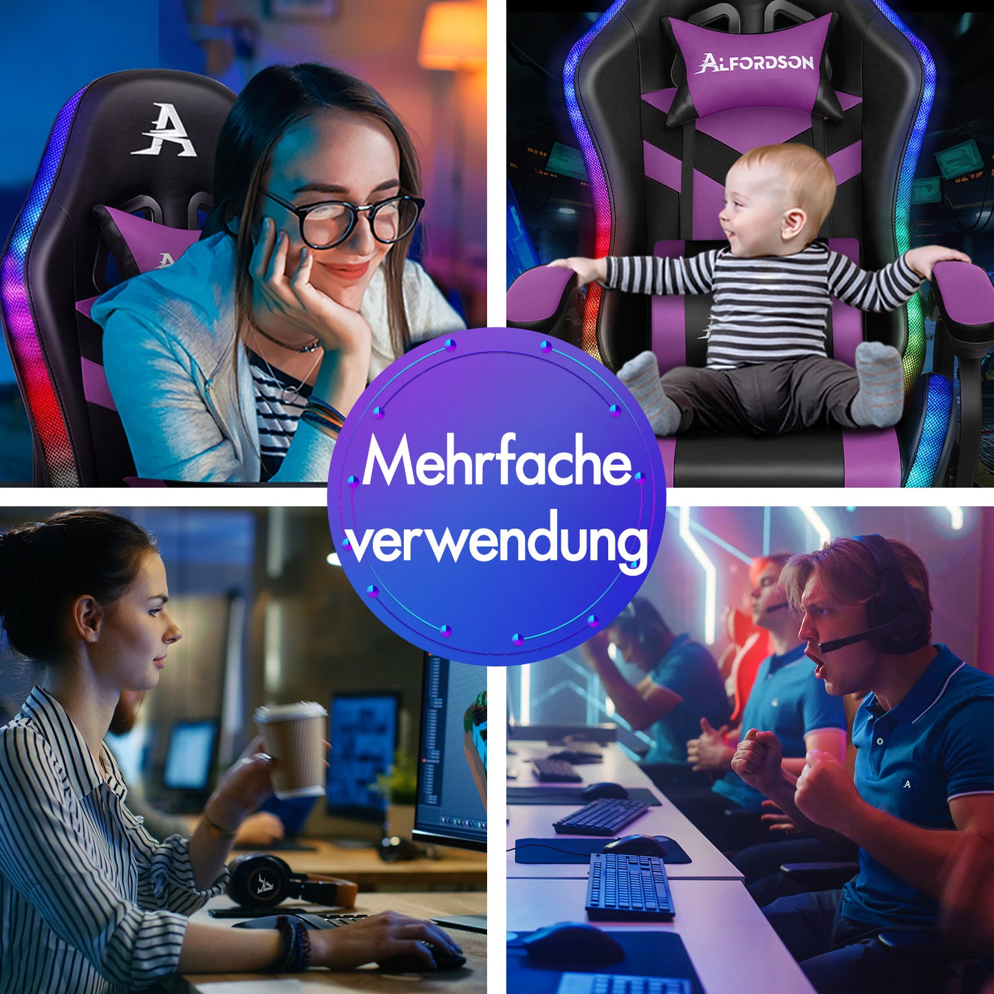 ALFORDSON Gaming Stuhl mit 8-Punkt Massage 12 Farben RGB LED-Licht Schwarz