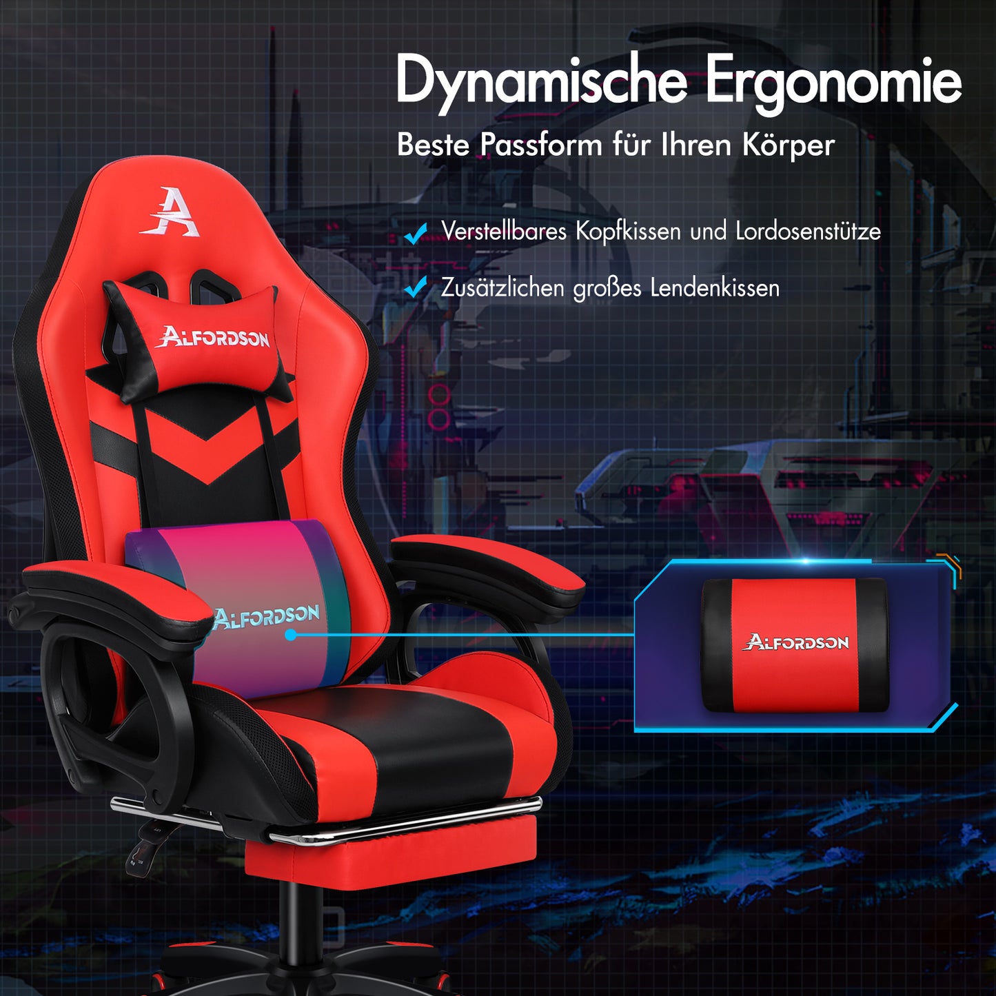 ALFORDSON Gaming Stuhl mit 8-Punkt Massage 12 Farben RGB LED-Licht Rot Schwarz