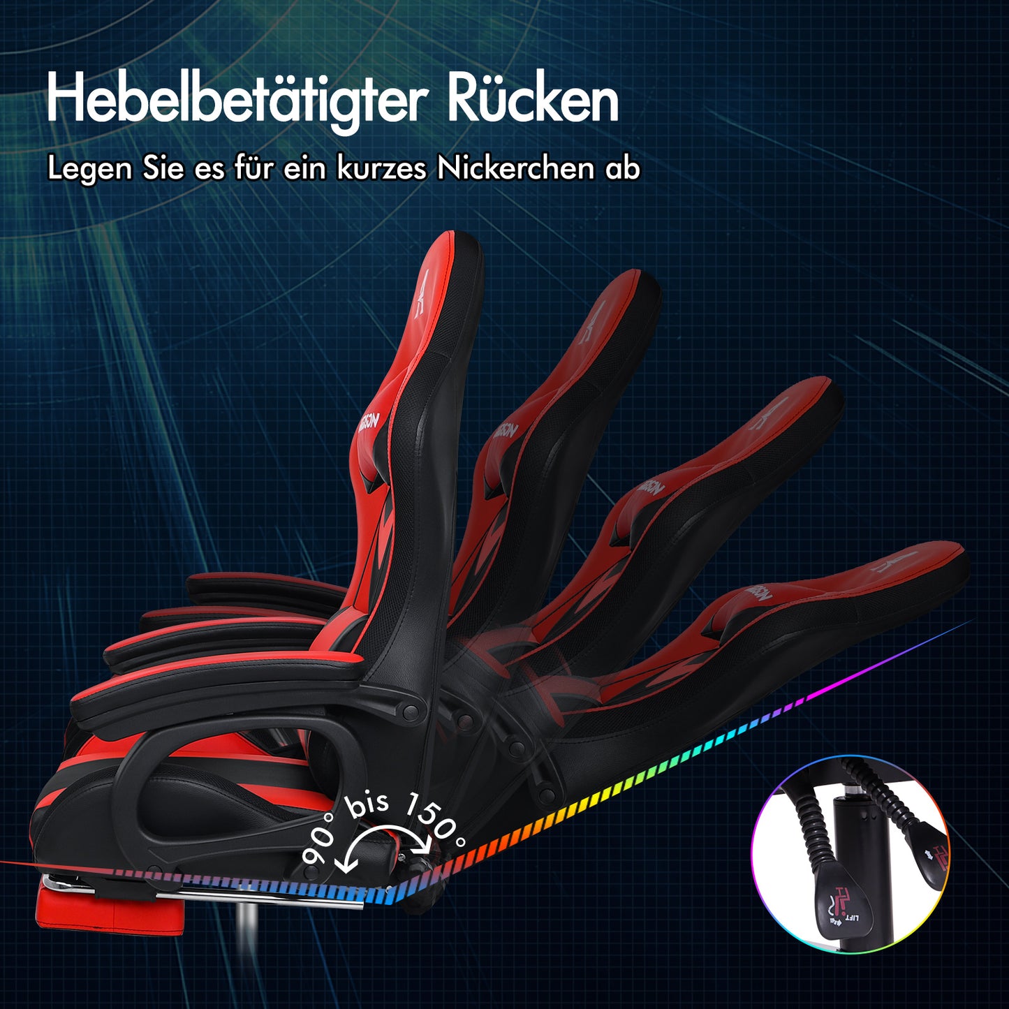 ALFORDSON Gaming Stuhl mit 8-Punkt Massage 12 Farben RGB LED-Licht Rot Schwarz