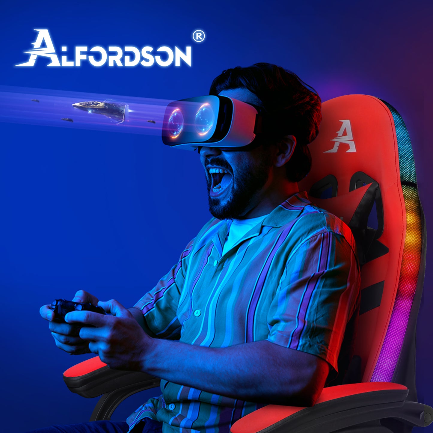 ALFORDSON Gaming Stuhl mit 8-Punkt Massage 12 Farben RGB LED-Licht Rot Schwarz