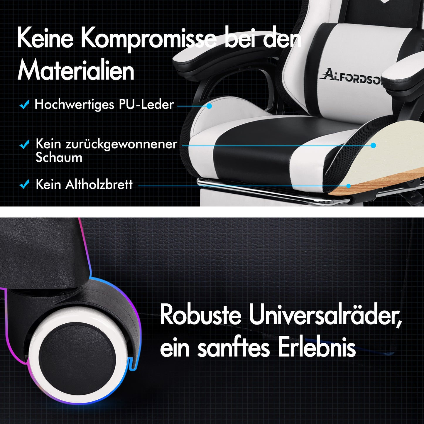 ALFORDSON Gaming Stuhl mit 8-Punkt Massage 12 Farben RGB LED-Licht Weiß & Schwarz