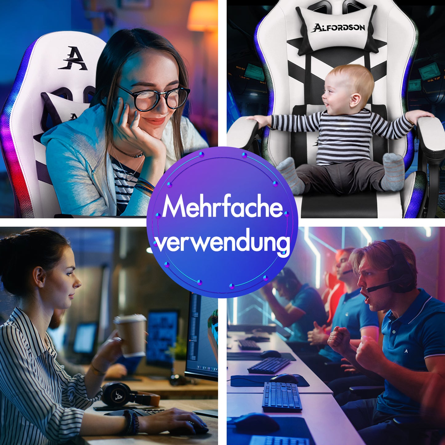 ALFORDSON Gaming Stuhl mit 8-Punkt Massage 12 Farben RGB LED-Licht Weiß & Schwarz